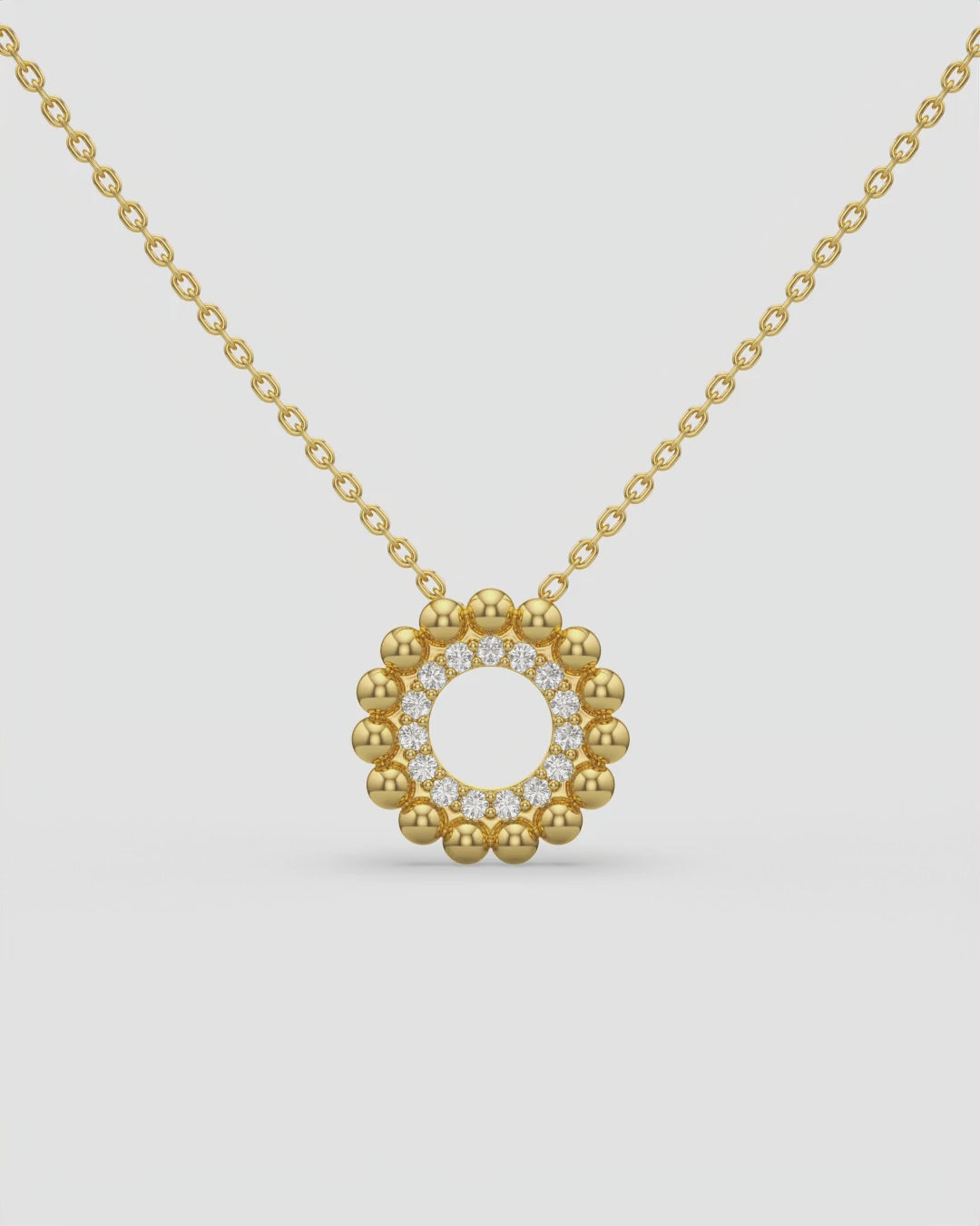 Beaded Halo Open Circle Diamond Pendant Necklace 18K Yellow Gold