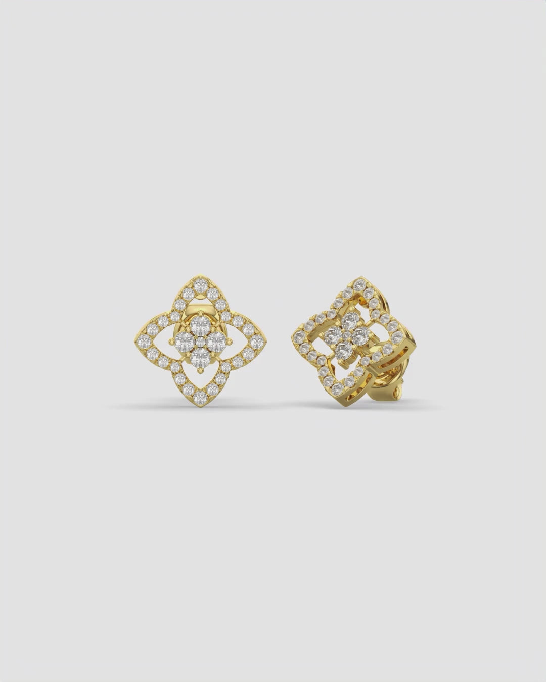 Four Petal Diamond Stud Earrings 14K Yellow Gold