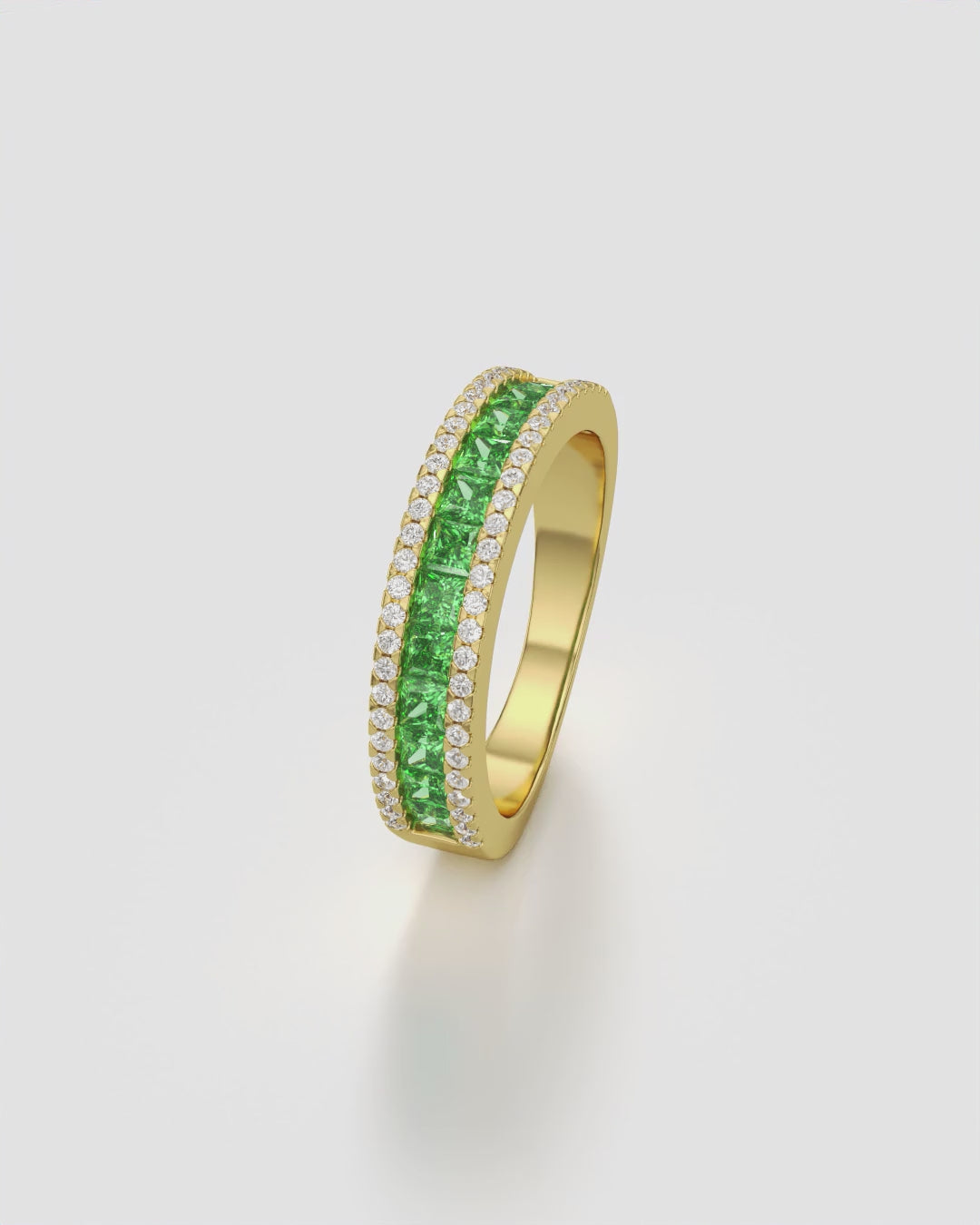 Green Princess and Round Diamond Three Row Half Eternity Band 14K Yellow Gold
